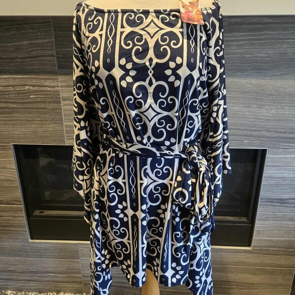 NWT Lapis Navy & White Geometric Print Belted Tunic Dress Size XL - Picture 1 of 3
